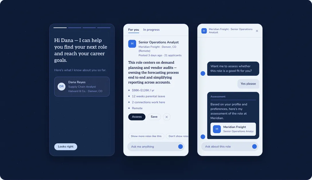 Three abstracted phone screens from the proof of concept — onboarding, a job summary, and a chat moment — with the center screen raised