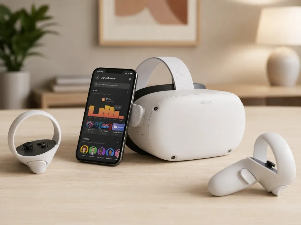 A Meta Quest 2 headset and controllers on a desk beside a phone showing the companion app's parental-controls view