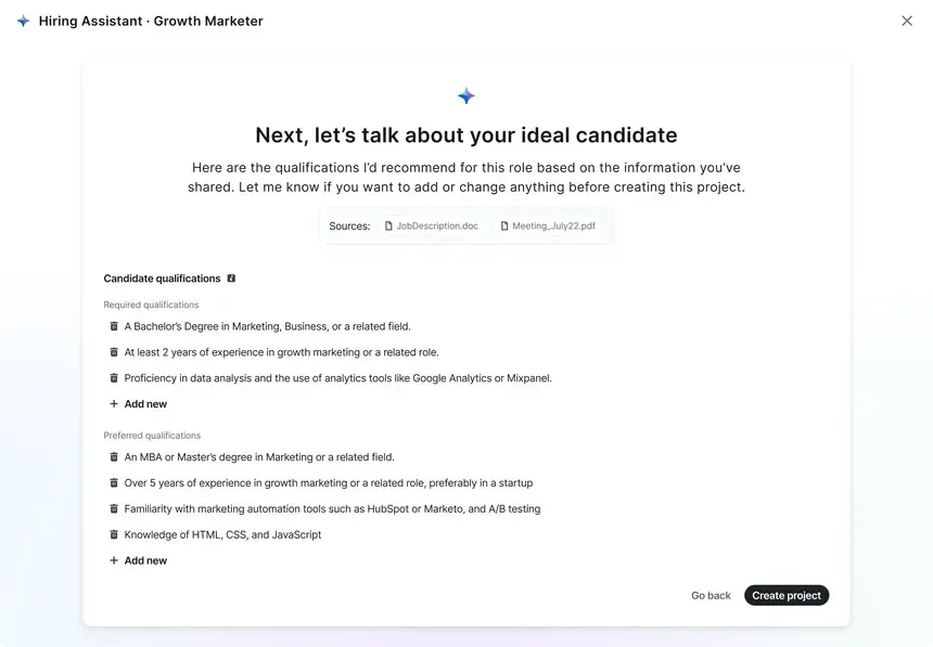 The resolved Hiring Assistant intake screen: the agent's voice consolidated in the header zone, a canvas of user-controlled inputs below, and the product's gradient background visible along both gutters.
