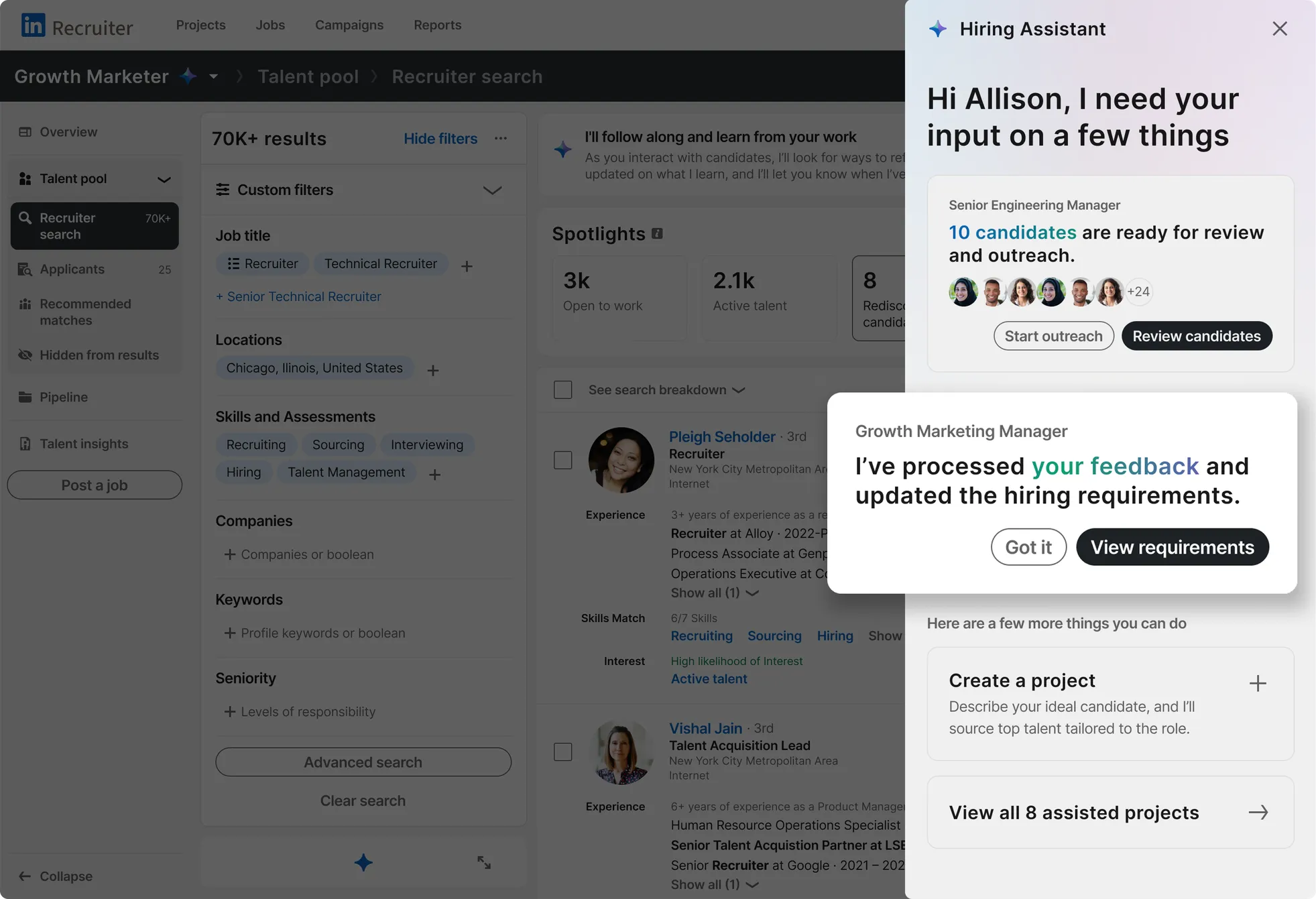 Recruiter search with the expanded Hiring Assistant panel docked at right, and a task card reading “I’ve processed your feedback and updated the hiring requirements” lifted out of it.