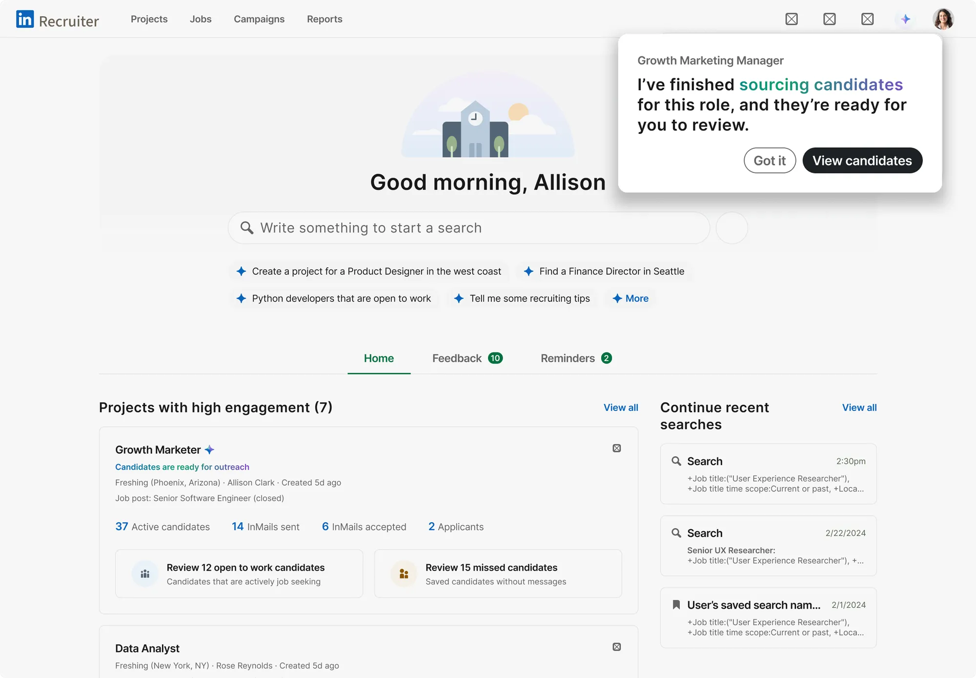 The Recruiter dashboard with a Hiring Assistant notification anchored to the global nav: “I’ve finished sourcing candidates for this role, and they’re ready for you to review.”