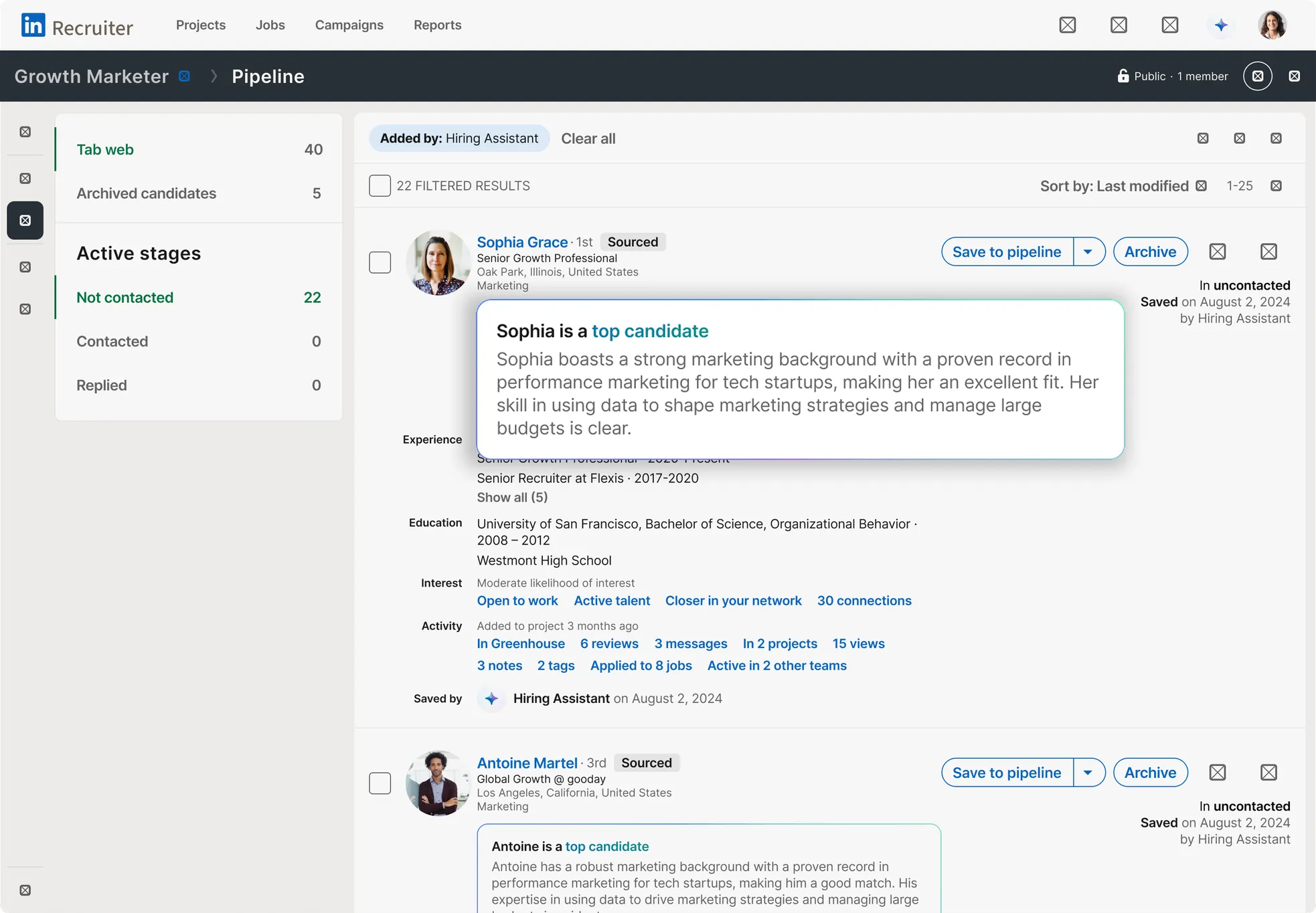 A candidate pipeline row with Hiring Assistant’s evaluation — “Sophia is a top candidate” — lifted forward from its place inside the row.