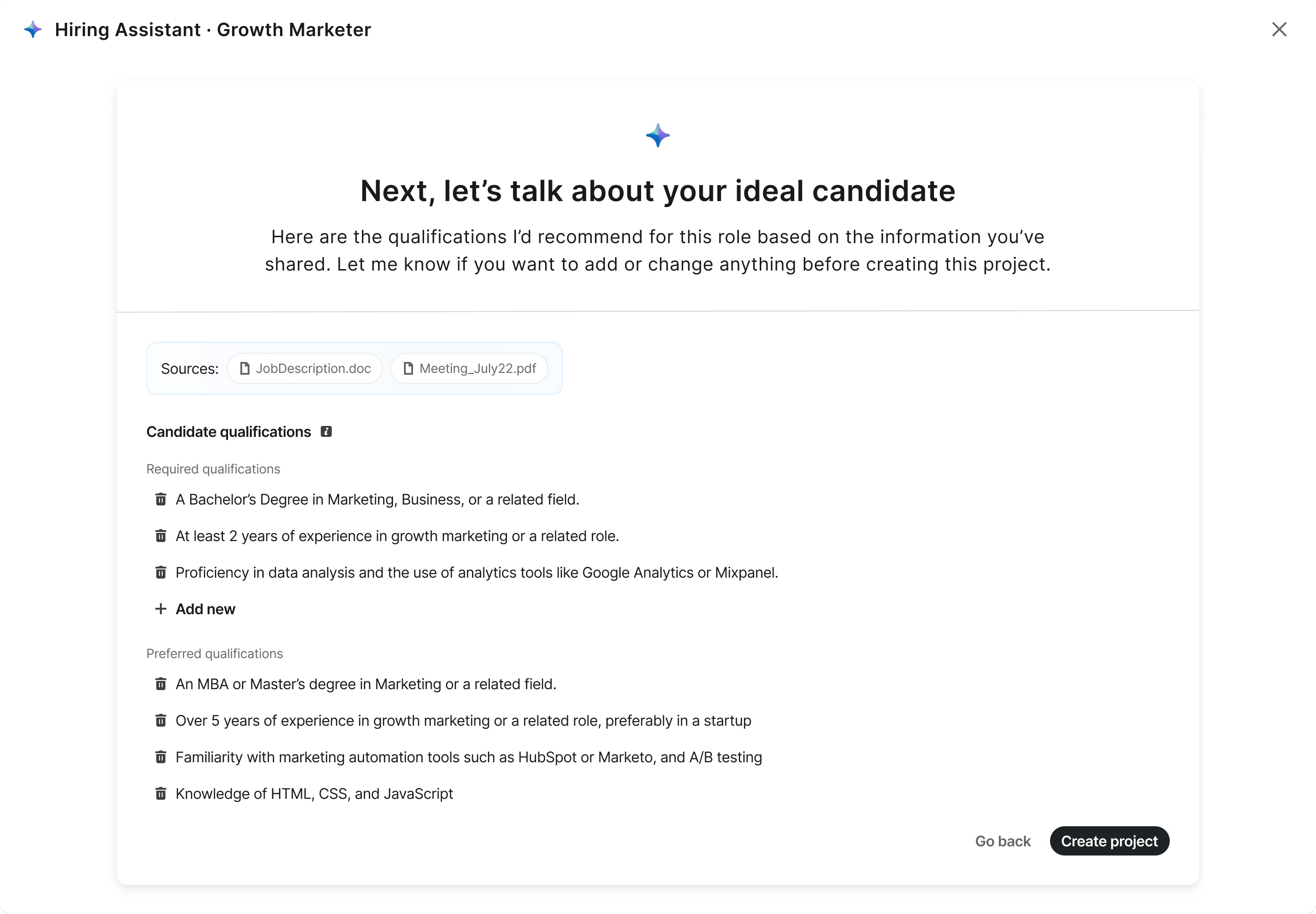Full-screen exploration where Hiring Assistant speaks in first person in both the title and subhead.