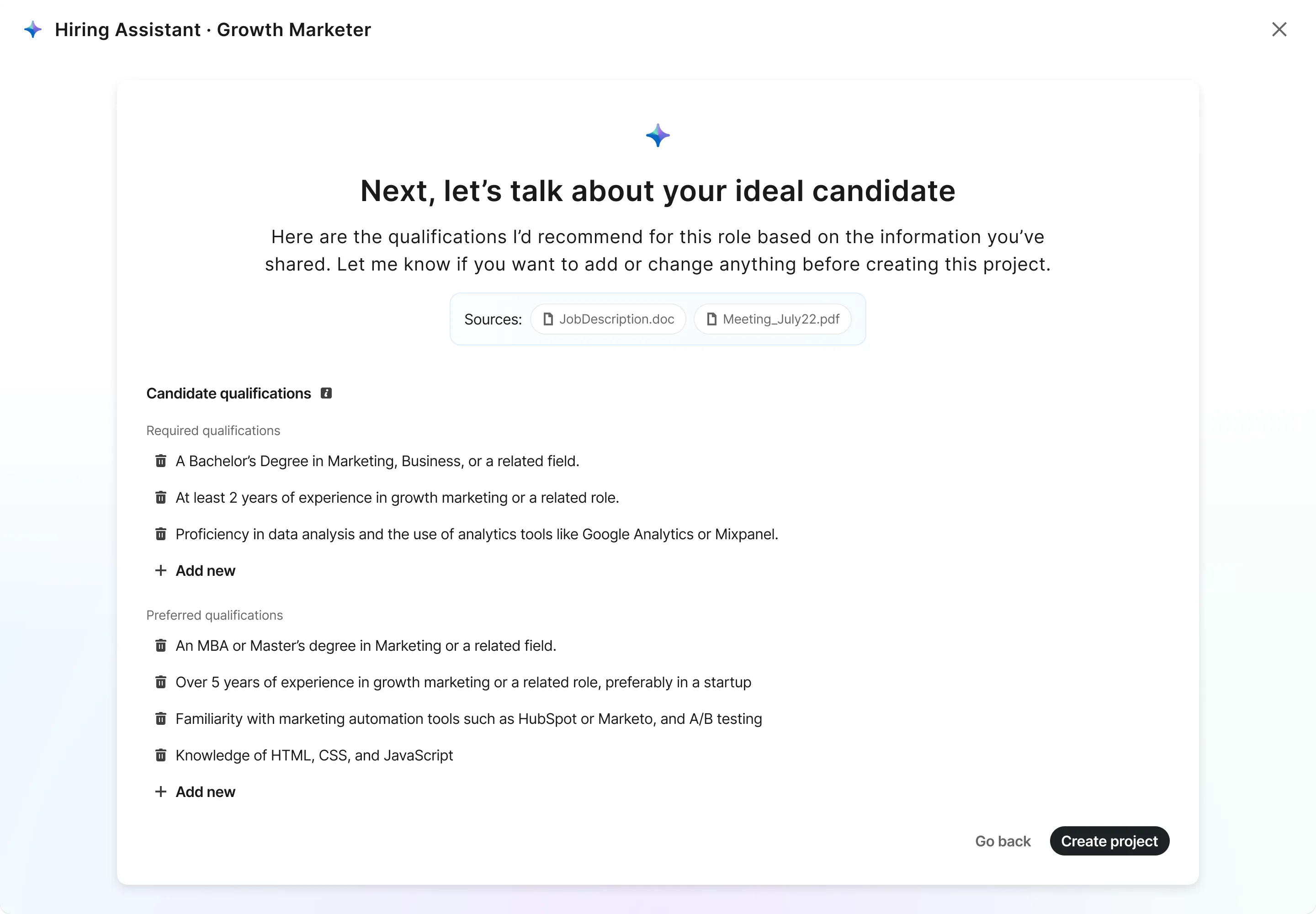 The shipped resolution: Hiring Assistant's voice consolidated in the header zone with a gradient presence signal, full screen.