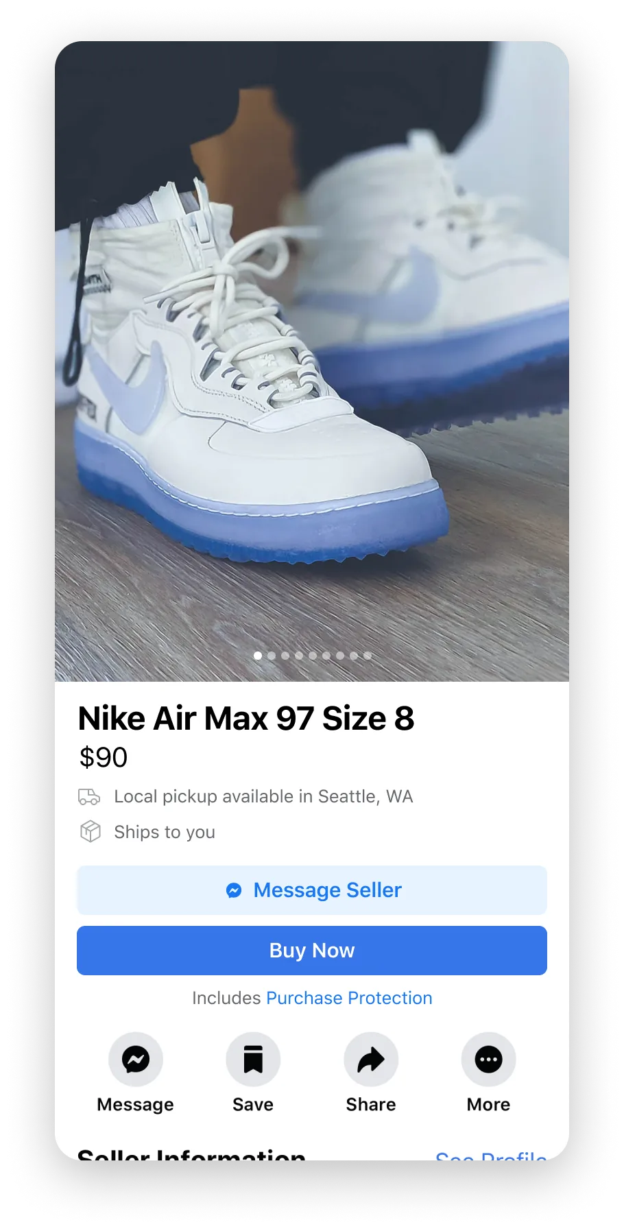 The Marketplace product details page before the work: a Nike listing showing only “Local pickup available in Seattle, WA” and “Ships to you,” with no cost, carrier, or arrival estimate.