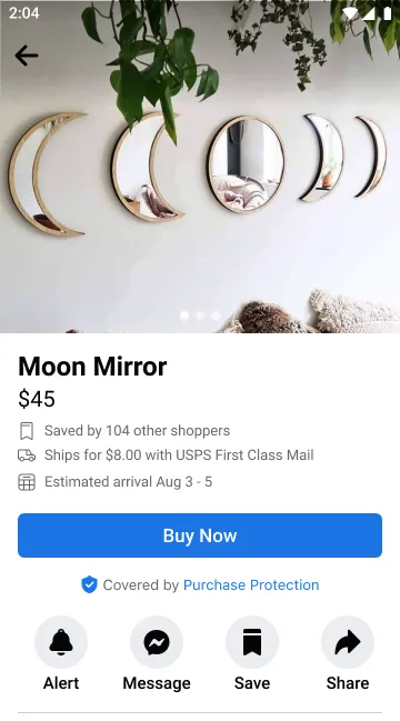 The resulting buyer view: a Moon Mirror listing showing “Ships for $8.00 with USPS First Class Mail” and “Estimated arrival Aug 3 – 5” above the Buy Now button.