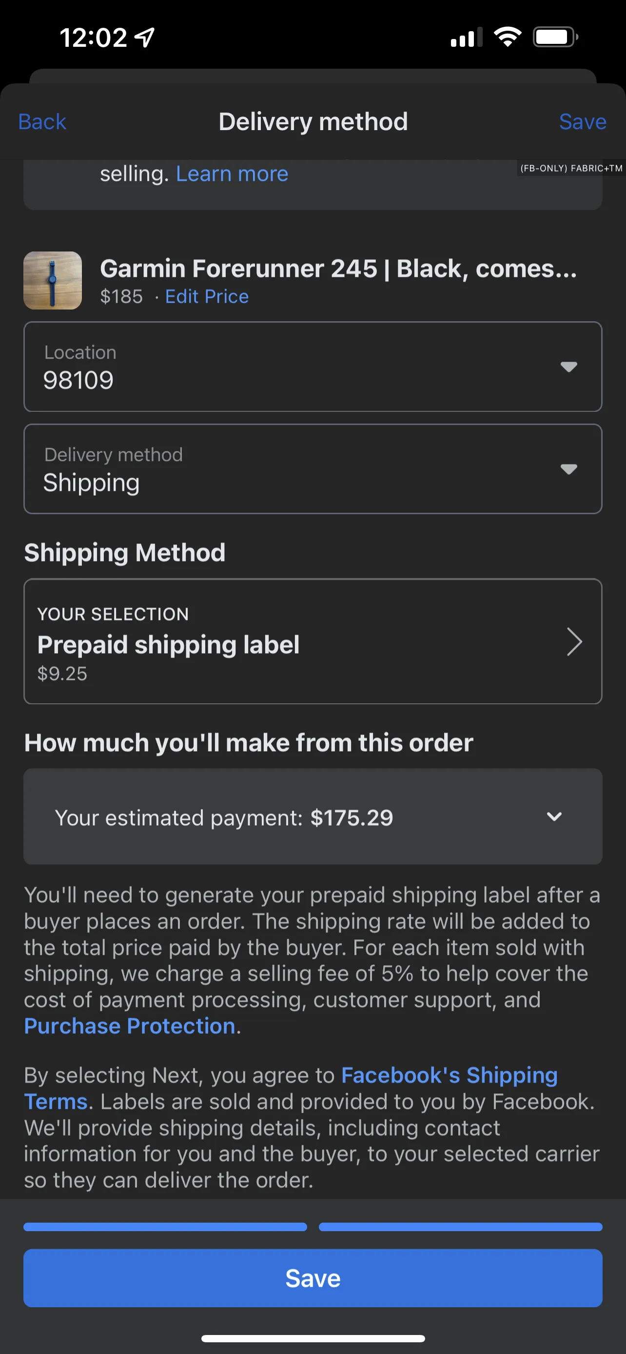 The seller’s delivery-method screen: location, delivery method, a prepaid shipping label selection at $9.25, and the estimated payout.