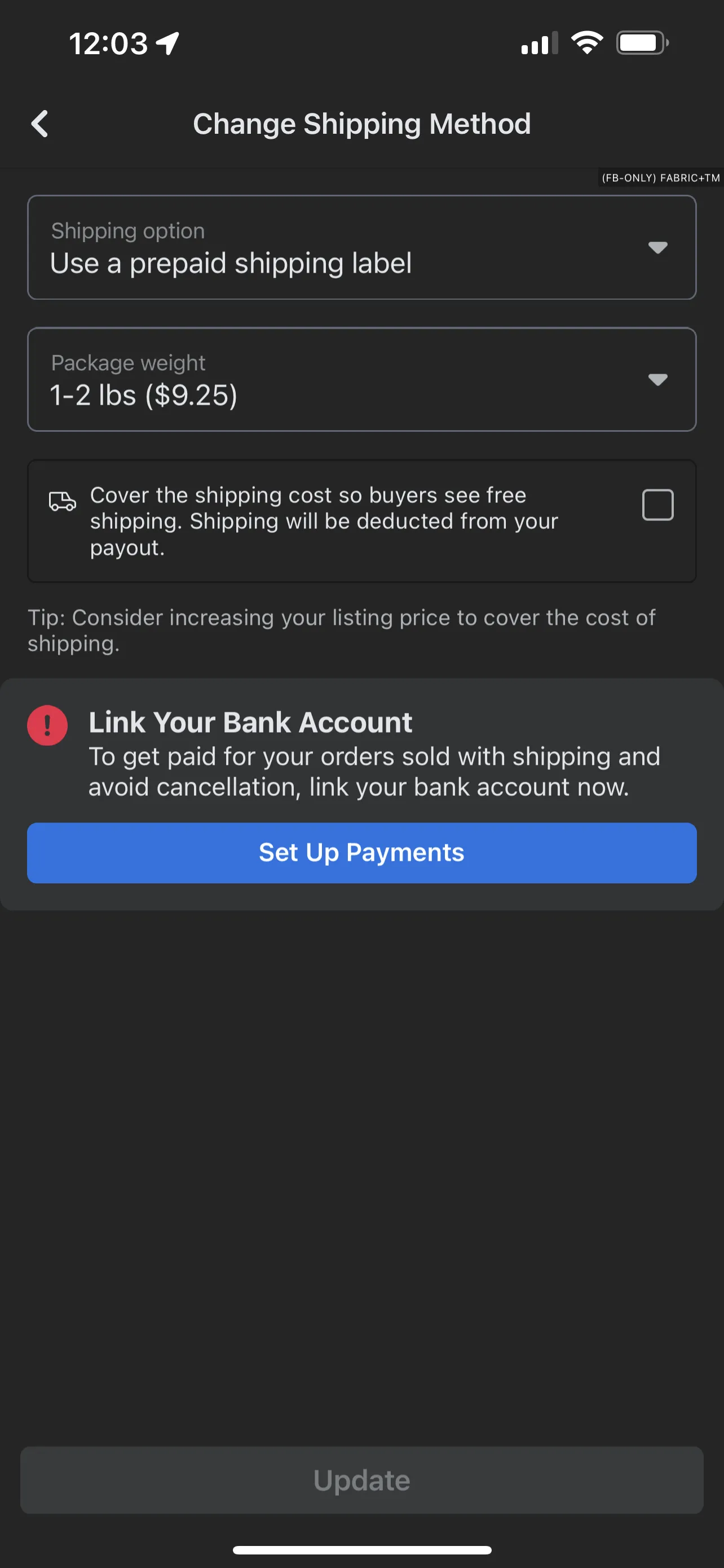 The seller’s change-shipping-method screen: shipping option, package weight priced at $9.25, and an option to cover shipping cost so buyers see free shipping.