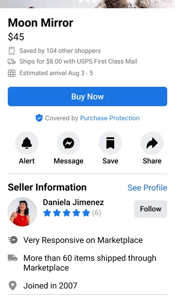 The Moon Mirror listing with a Seller Information block: a five-star rating, “Very Responsive on Marketplace,” “More than 60 items shipped through Marketplace,” and “Joined in 2007.”