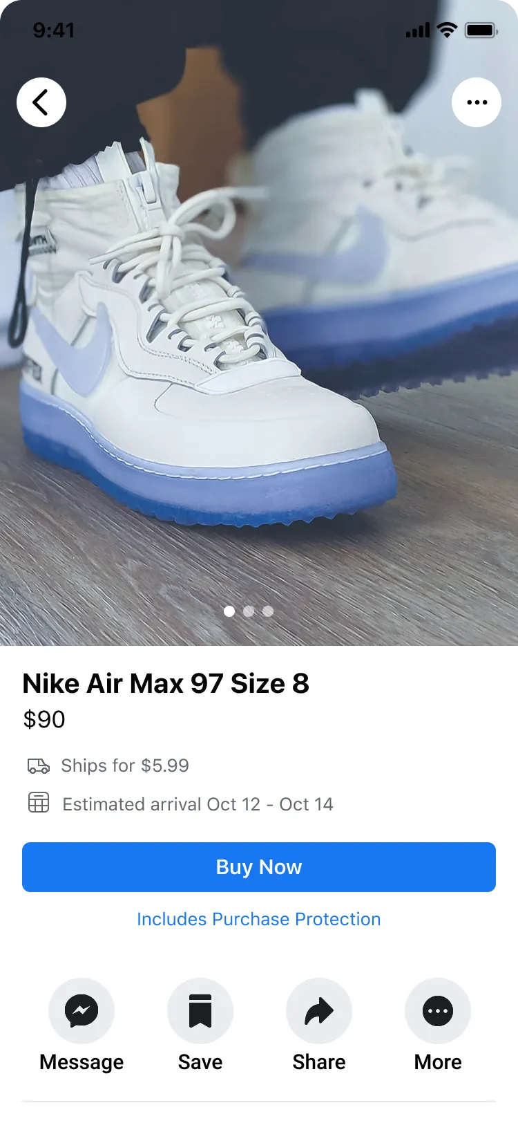 The listing before the work: Purchase Protection appears only as a small “Includes Purchase Protection” text link under the Buy Now button.