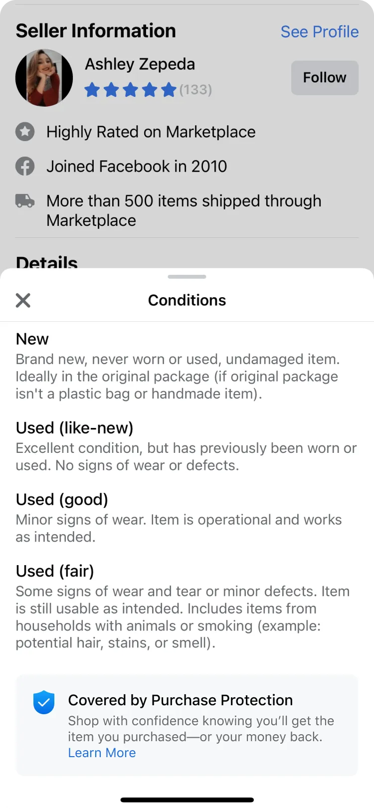 Placement test one: the coverage claim inside the item-condition sheet, below the condition definitions.