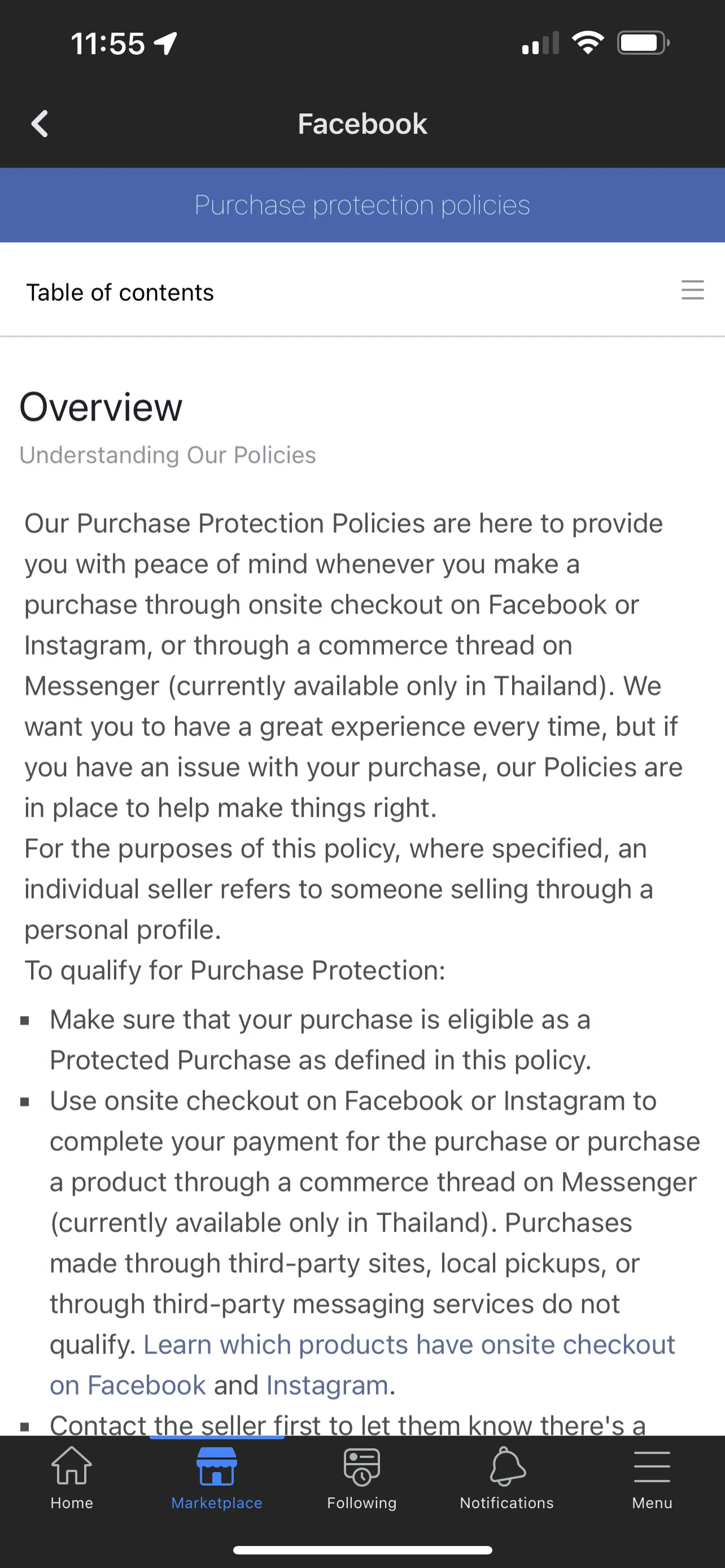 The full Purchase Protection policy page, with a table of contents and dense policy copy.
