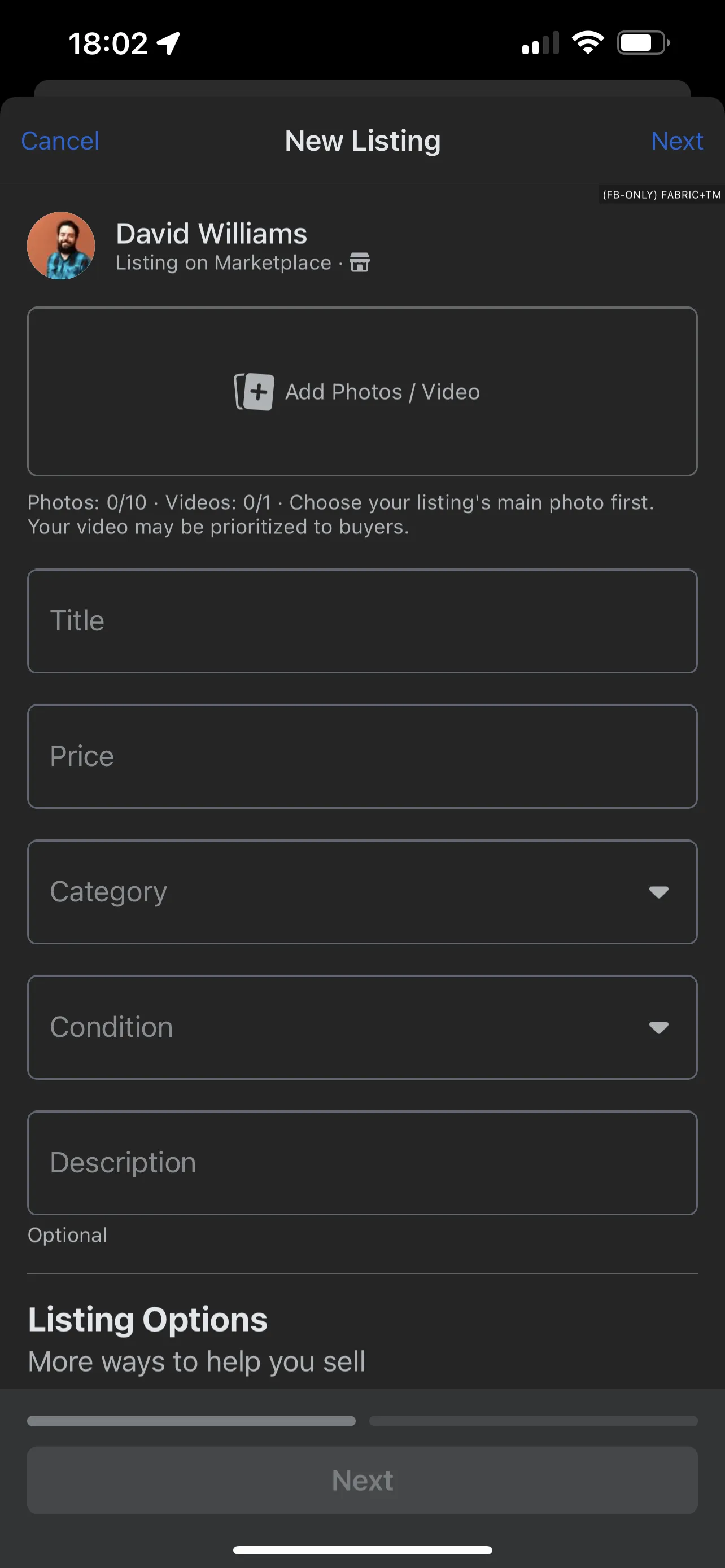 The listing composer with an Add Photos / Video control, noting that a video may be prioritised to buyers.