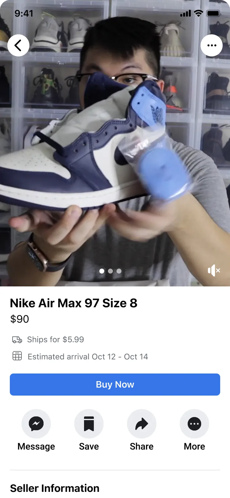 A listing whose media carousel plays a seller-shot video of the item being held and turned in the hand.